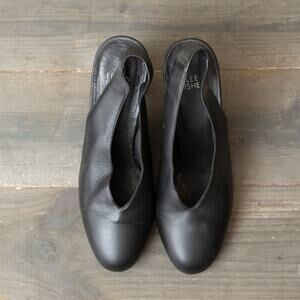 Eileen Fisher Black Leather Slides Block Heels Sz 7 Shoes Strappy